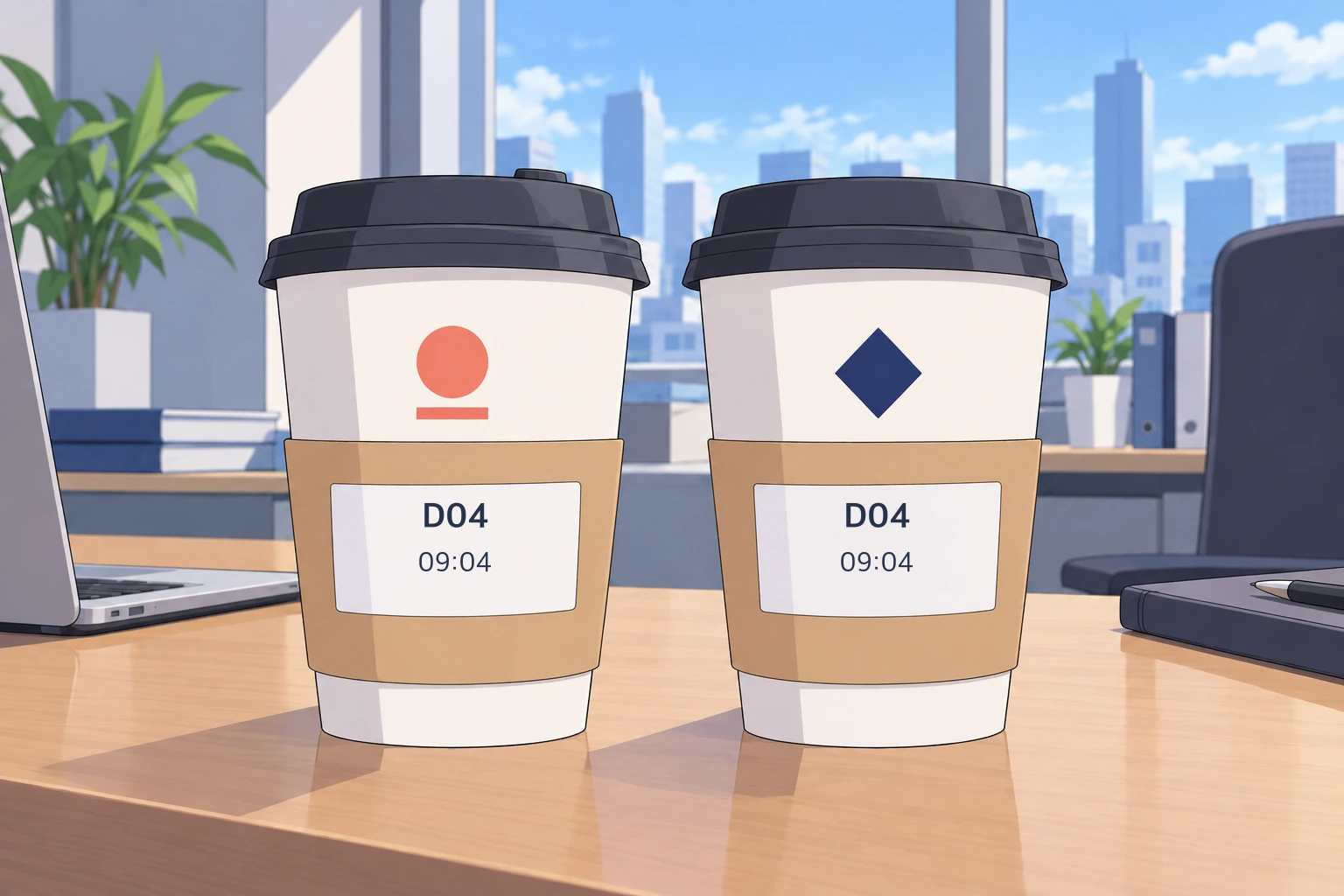 같은 D04 09:04 스티커가 붙은 커피 두 잔